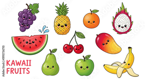 Kawaii fruit icons, cute cartoon fruits, colorful food illustrations, vector set