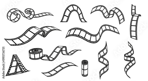 Film strip icons, movie tape sets, cinematic elements, black and white
