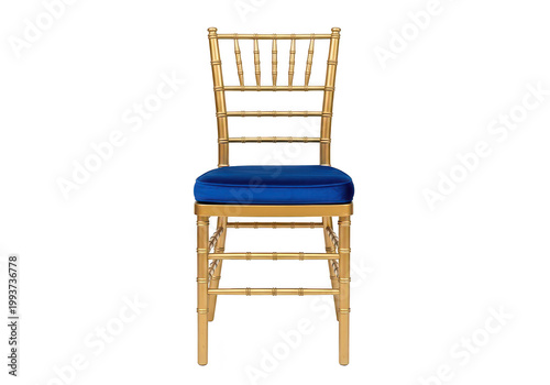 Gold chiavari chair with blue velvet seat cushion, elegant formal event seating, wedding reception furniture.