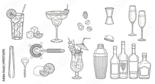 Cocktail, bar, icons, set, 20 elements, line art, black and white, vector graphics, drink, mixology, illustration, beverage, alcohol, wine, champagne
