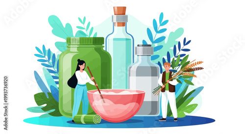 Vector illustration of people mixing herbal medicine, green plants, and colorful bottles, natural remedies, wellness concept