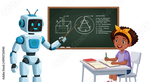 Robot teacher, girl student, classroom scene, educational illustration, vector, blue robot, blackboard, learning, school