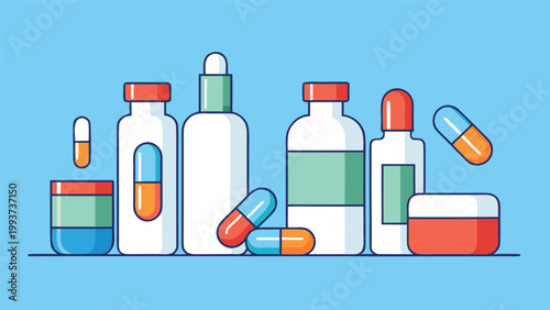 Flat vector illustration of various medicine bottles and pharmaceutical capsules arranged on a light blue background for healthcare design