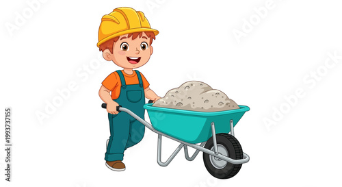 Cartoon construction worker, wheelbarrow, laborer, building icon, vector illustration