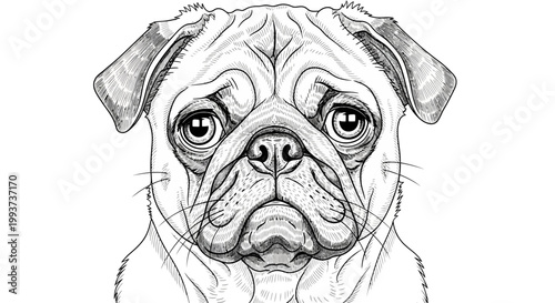 Pug dog face, black and white illustration, vector portrait, cute animal artwork