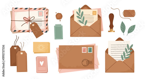 Vintage mail icons, brown envelopes, stickers, and tags, rustic postal elements, flat design