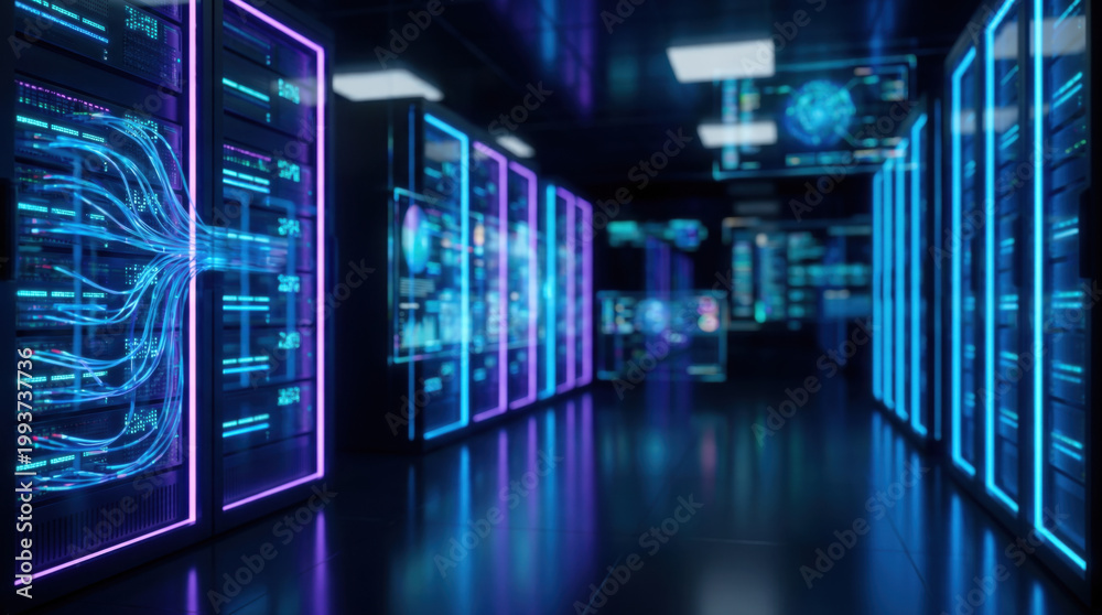Fototapeta premium Data Center Server Room Blue Purple LED Lights Fiber Optic Cable Digital Infrastructure Technology
