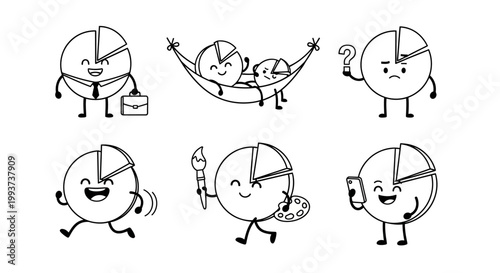 Pie chart characters, cartoon business infographics, vector icons, smiling pie charts, emotive graphics