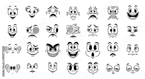 Cartoon faces, emoticon set, black and white icons, vector illustrations, 25 emotions