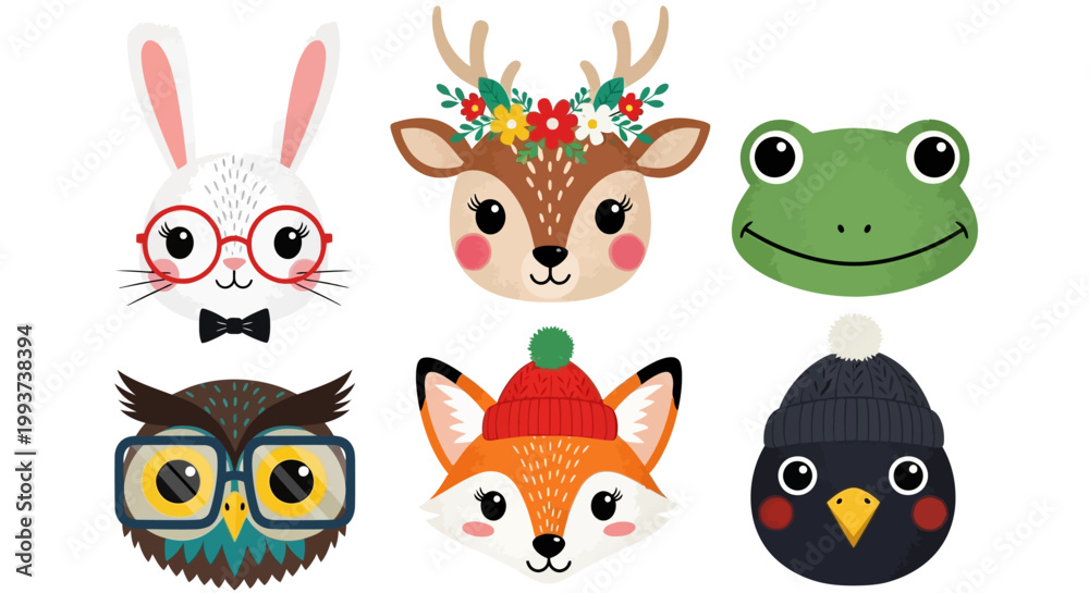 Fototapeta premium Cute animal faces, cartoon woodland creatures, colorful character icons, vector illustrations