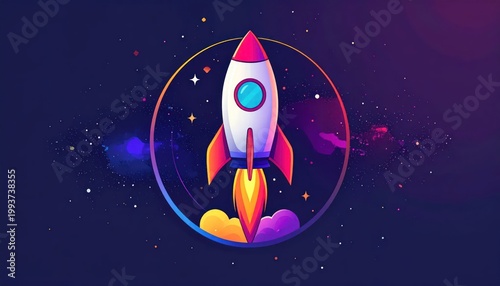 Stylized Rocket Launching into Space with Stars and Nebula.