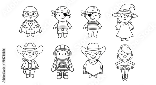 Halloween characters, cartoon kids costumes, line art illustrations, 8 icons set, black and white