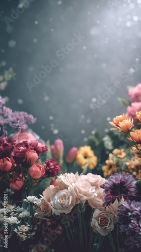 Floral arrangement featuring various colorful flowers including roses, tulips, and daisies against a softly blurred background with light bokeh effects for a vibrant display