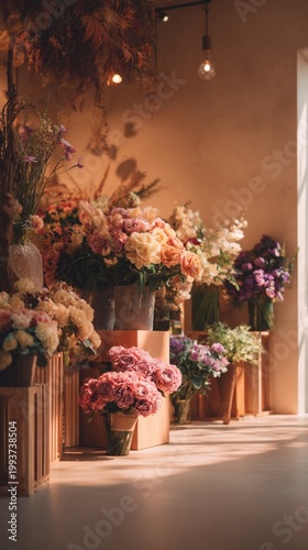 Floral shop interior featuring various flower arrangements in wooden containers with natural light illuminating the space, creating a vibrant and inviting atmosphere