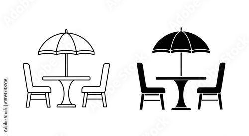 Outdoor patio furniture icons, table and chair sets with umbrellas, black and white line art, vector graphics, restaurant outdoor decor
