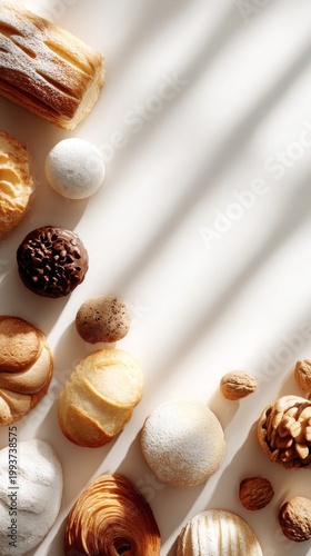 Bakery product showcase featuring various pastries, cookies, and desserts arranged artistically on a light background with soft shadows creating visual depth