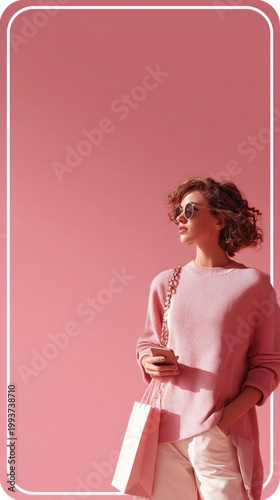 Female model wearing pink sweater and sunglasses holds smartphone and shopping bag against a solid pink background in a mobile story format showcasing new fashion drop