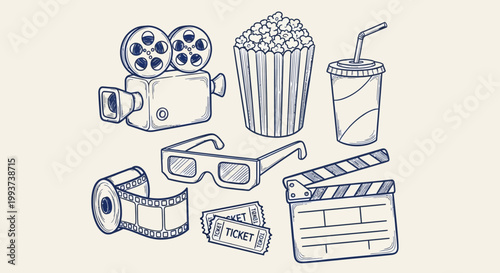 Cinema, film, movie icons, blue line art, vector graphics, 8 elements, illustration set