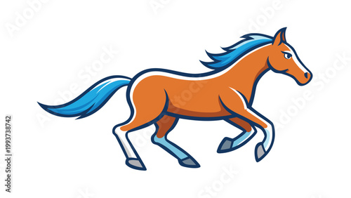 Dynamic brown horse running with blue mane and tail in a stylized flat vector illustration for equestrian sports and animal branding design