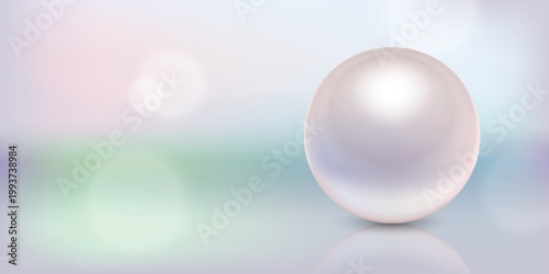 Vector 3d Pearl Sphere. White Pearl Ball on Soft Pastel Background. Glossy Round Sphere with Reflection. Minimal Abstract Banner. Luxury Pearl Object. Elegant Background Design