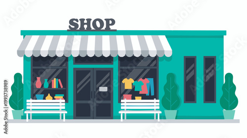 Flat design illustration of a colorful shop exterior with awning and displays.
