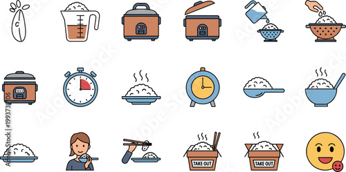 Cooking rice icons set with kitchen tools preparation steps and food elements vector illustration