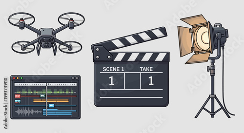 Film production equipment, drone, clapperboard, and lighting kit for cinematic video recording and editing