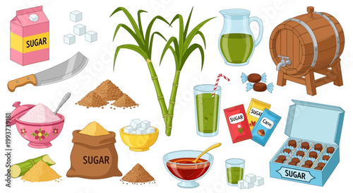 Quadro su tela Sugar, sweetener, food, ingredients, icons, sugarcane, sugar cubes, brown sugar,