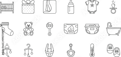 Baby care line icons set with crib bottle toys diaper and nursery essentials vector illustration