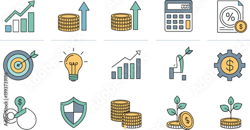 Business finance icons set with growth profit ROI investment analytics and money concepts vector illustration