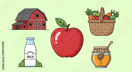 Fresh farm produce and dairy products illustration with red apple, milk bottle, honey jar, basket of vegetables, and rustic barn on green background for healthy food and agriculture concept