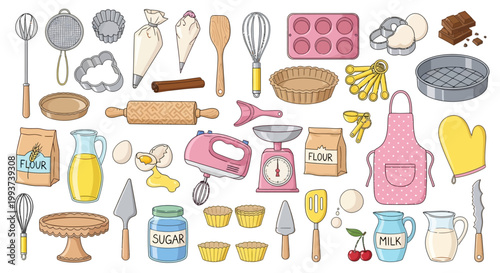 Baking icons, kitchen utensils, baking tools, pastry elements, 25 vector graphics