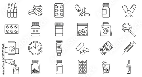 Medical icons, pharmacy symbols, healthcare signs, 25 line icons