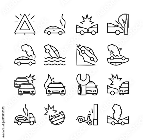 Car crash, accident, and damage icons, 20 line style illustrations, black and white, vehicle collision graphics