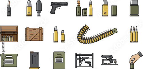 Assortment of firearms ammunition and related military equipment