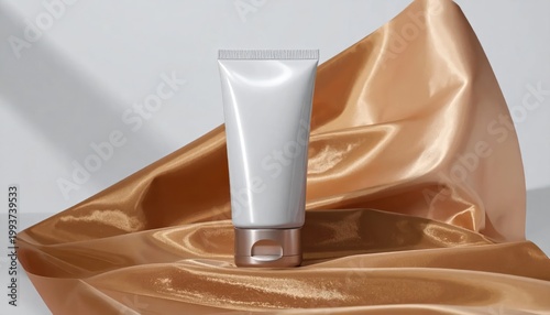 Luxurious White Cream Tube on Golden Fabric with Soft Shadows.