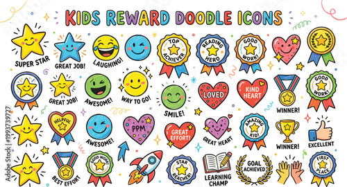 Kids reward doodle icons set colorful classroom achievement badges stars stickers medals smiley incentives teacher motivation elements vector