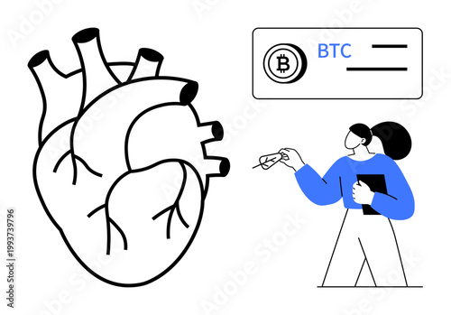 Cryptocurrency, healthcare innovation, financial technology, blockchain integration, digital payment, modern transactions. Human heart diagram, BTC payment interface, person holding card