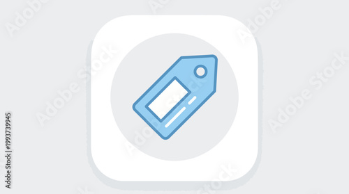 A blue label icon on a white background with a gray circle