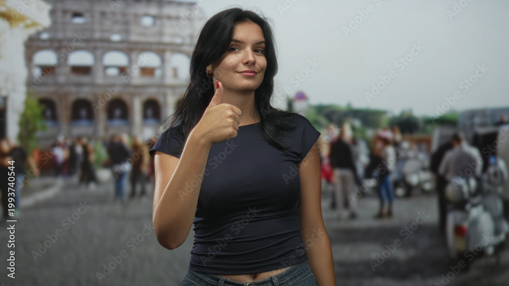 Fototapeta premium Woman in black top shows thumb up gesture at roman coliseum building surrounded by stone arches; approval.