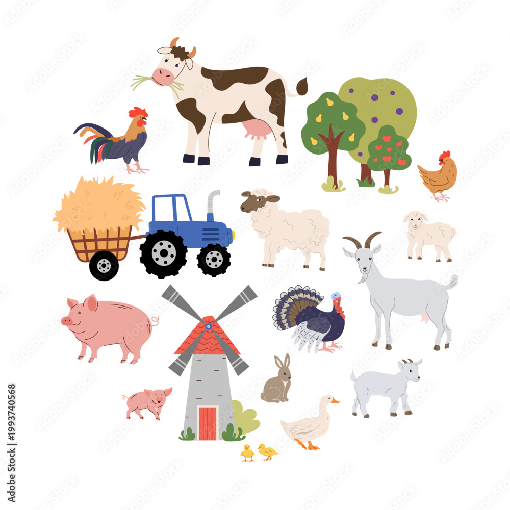 Obraz premium Circular set of farm animals, livestock, and agricultural elements including a tractor, windmill, and orchard trees. Ideal for educational materials, rural branding, and farming designs.