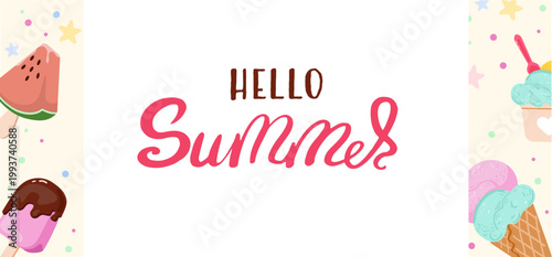 Summer banner featuring assorted ice cream cones and popsicles on a pastel background with stars. Perfect for seasonal advertisements, social media posts, and summer party invitations.