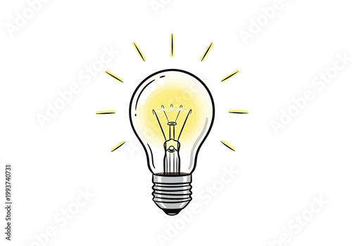 Canvastavla Hand drawn glowing light bulb illustration on white background