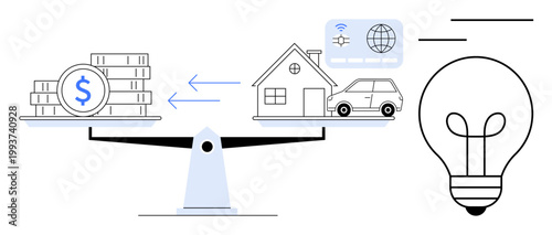 Financial balance. Scale with money weighed against assets thumbs up house and car, emphasizing financial decisions and resource distribution. Financial strategies for saving, budgeting, and managing