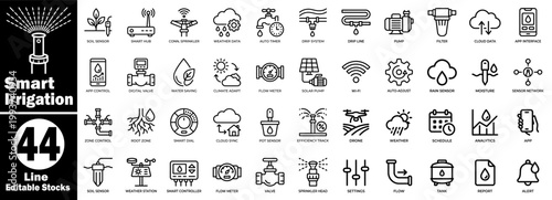Smart irrigation line icons collection. Featuring automatic sprinkler systems, water management technology, agriculture sensors, digital valves, and weather data.
