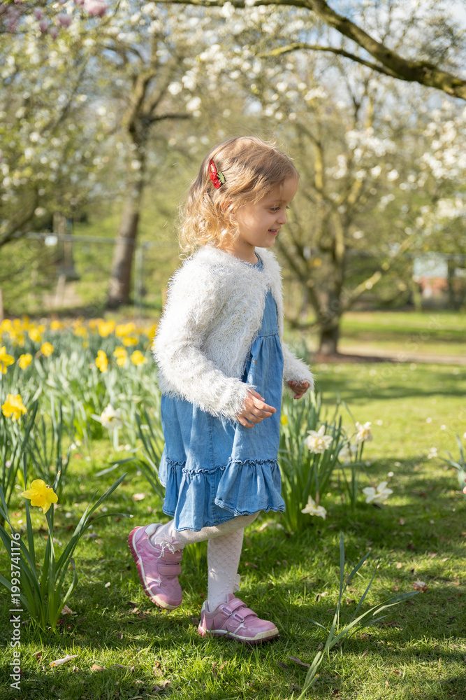 Fototapeta premium Little girl running through blooming daffodil field, sunny spring day, outdoor lifestyle, happy childhood, motion, natural light, carefree kid, yellow flowers, copy space 