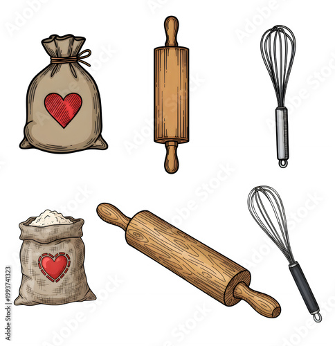 Bakery tools and ingredients set with rolling pin whisk and flour sack.