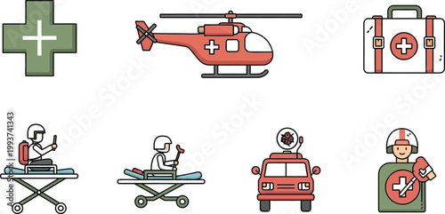 Emergency medical services icons helicopters first aid and personnel