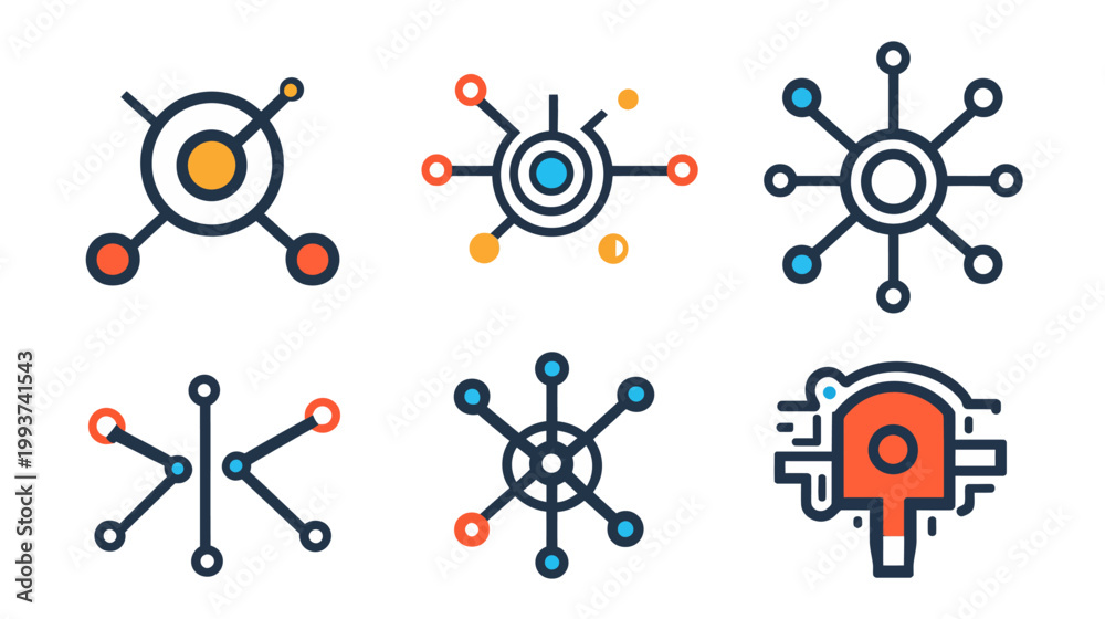 Naklejka premium Collection of stylized, colorful interconnected node graphics with circles and lines on white