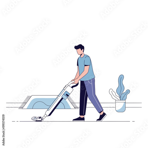 Cuadro en lienzo Man vacuuming carpet, modern illustration